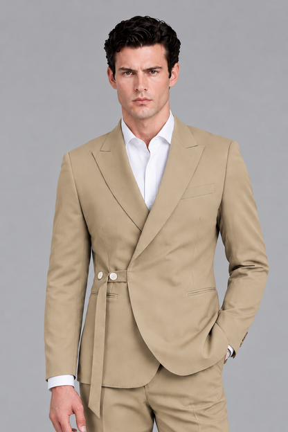 Savile Men's Modern Khaki 2-Piece Wrap Suit Set – Peak Lapel Side-Button Blazer & Tailored Trousers - Khaki - Khaki_1