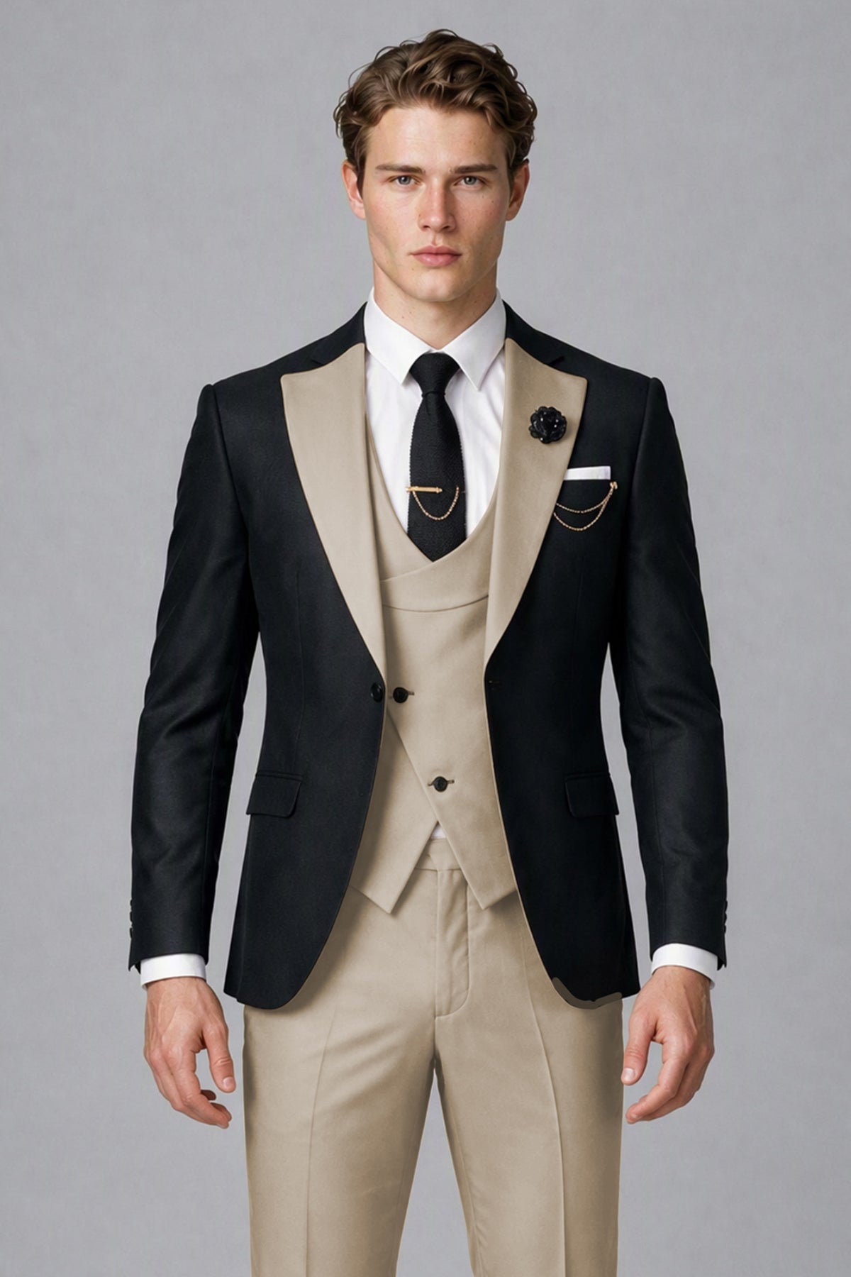 Savile Men's Black & Khaki Three-Piece Wedding Suit - Khaki