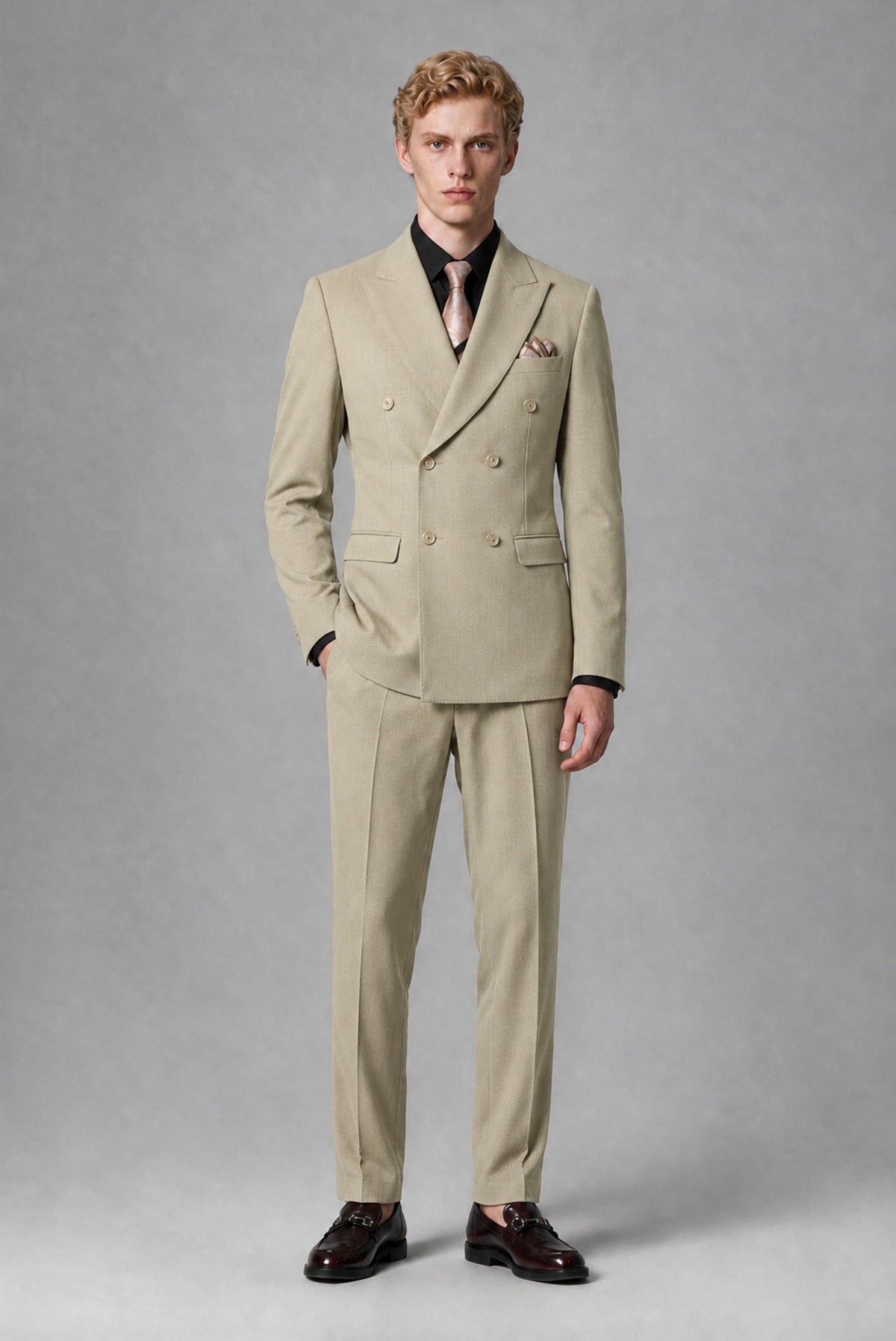 Savile Men's Khaki Double-Breasted Two-Piece Suit - Khaki