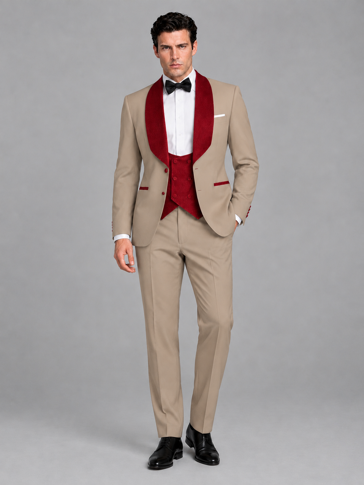 Savile Men's Khaki 3-Piece Tuxedo Suit Set – Contrast Red Shawl Lapel Blazer, Red Waistcoat & Trousers - SUC020 - Khaki