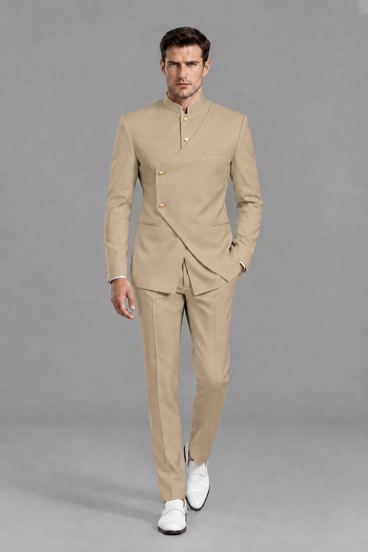 Savile Men's Khaki Asymmetrical Mandarin Collar Tuxedo Suit – Modern 2-Piece Gold Button Wedding, Prom & Gala Set - Khaki - Khaki_2