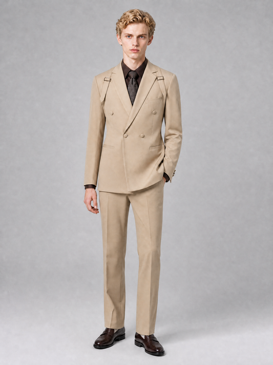 Men's Light Khaki Double-Breasted Slim Fit 2-Piece Suit – Peak Lapel Wedding & Business Formal Set - Khaki - Khaki_2