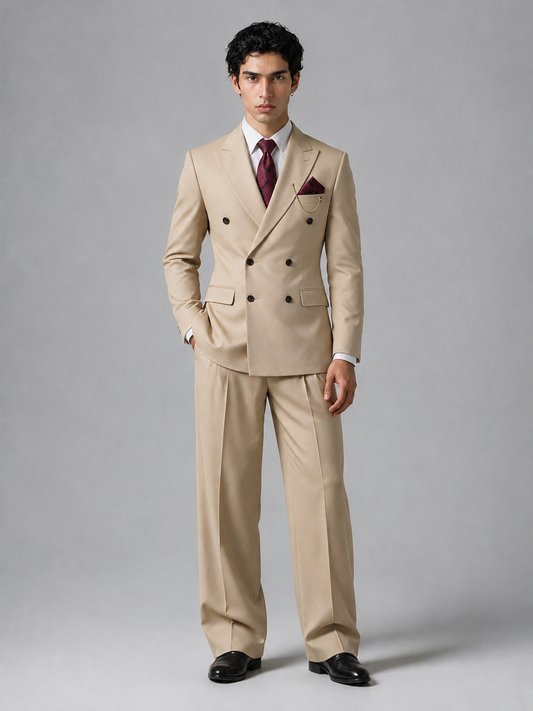 Savile Men's Khaki Double-Breasted 2-Piece Suit Set – Peak Lapel Blazer & Pleated Wide-Leg Trousers - Khaki - Khaki_2