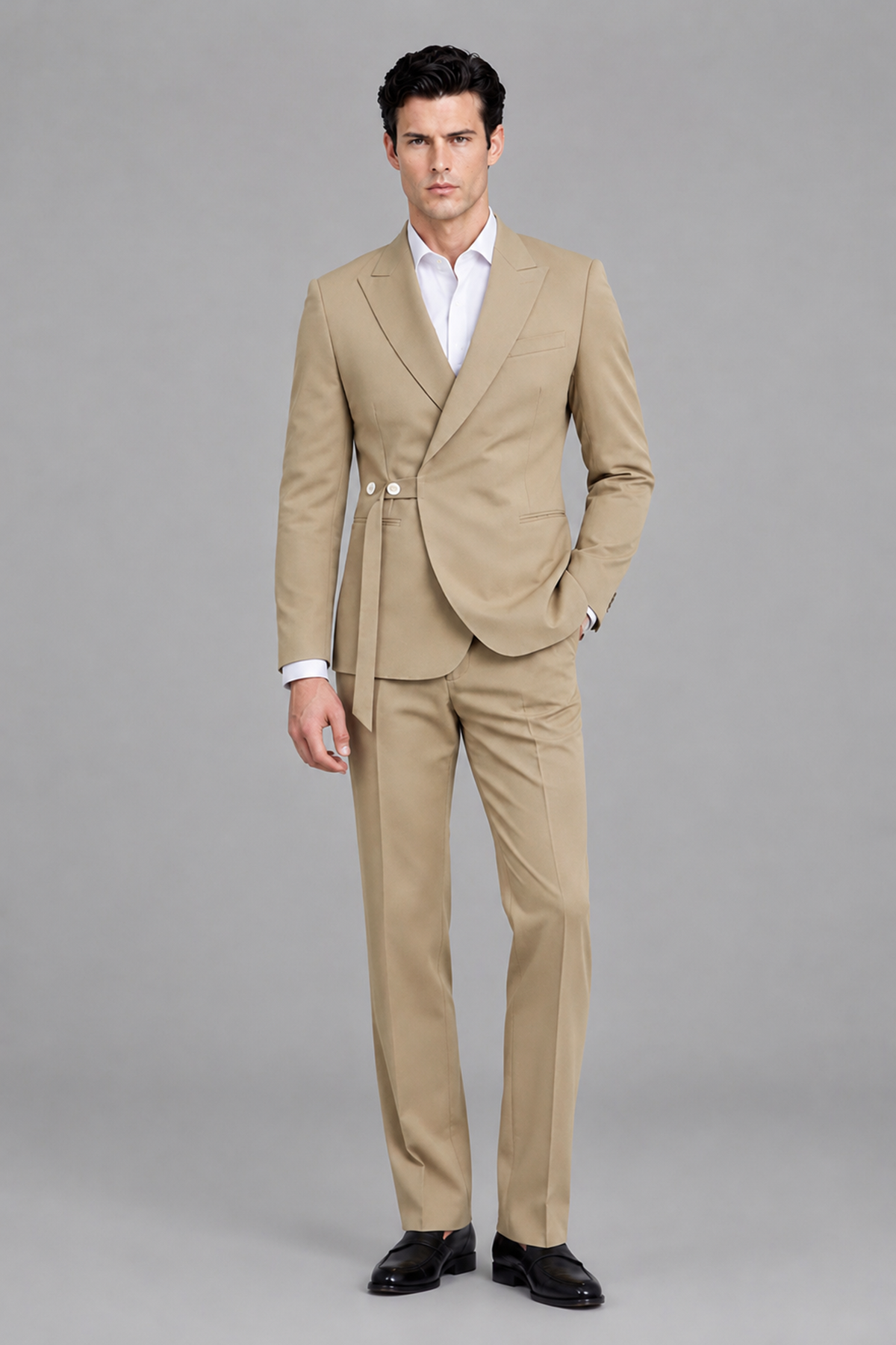Savile Men's Modern Khaki 2-Piece Wrap Suit Set – Peak Lapel Side-Button Blazer & Tailored Trousers - Khaki - Khaki_2
