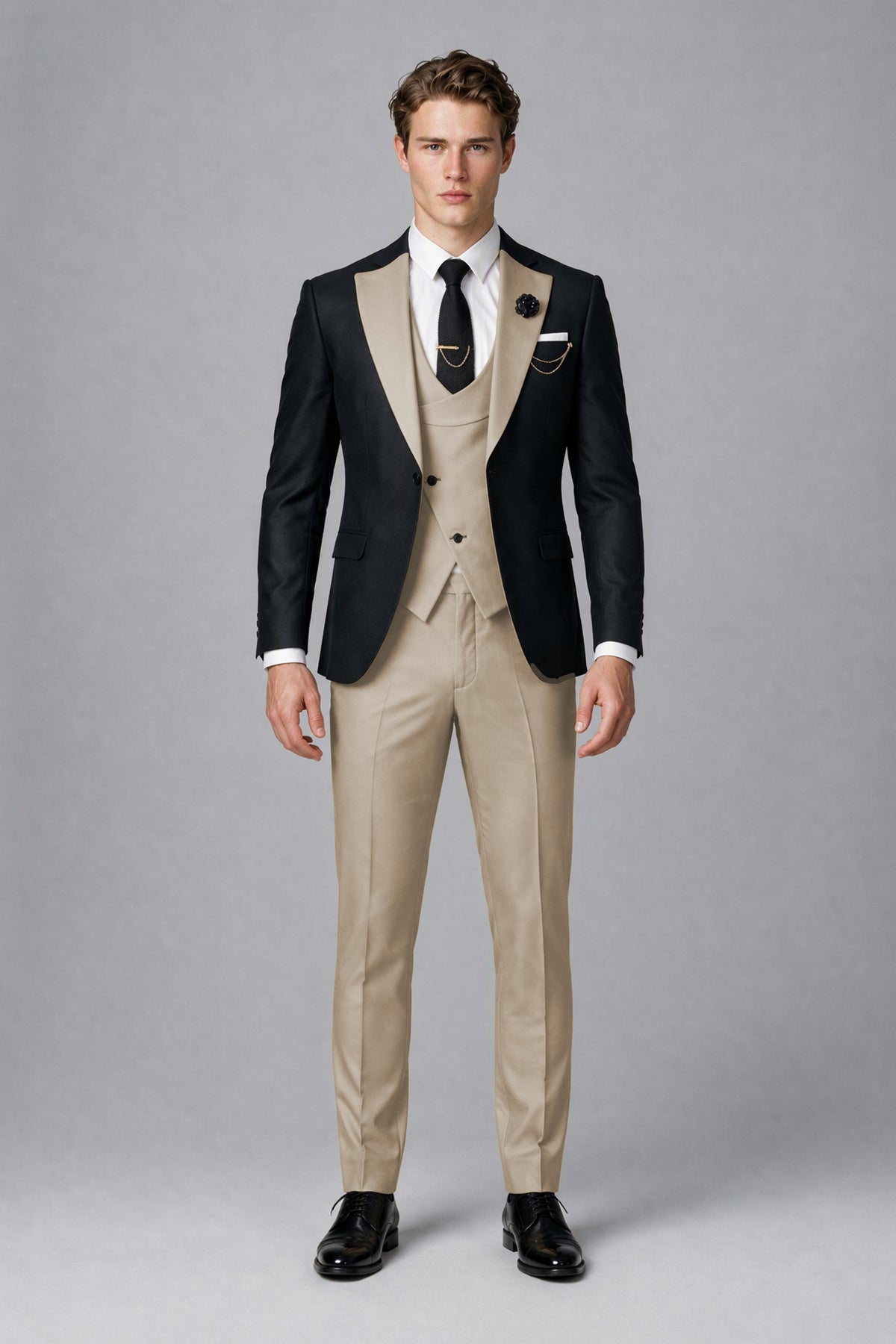 Savile Men's Black & Khaki Three-Piece Wedding Suit - Khaki