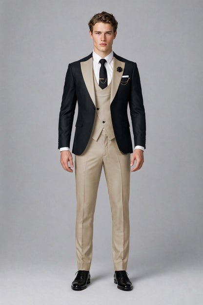 Savile Men's Black & Khaki Three-Piece Wedding Suit - Khaki