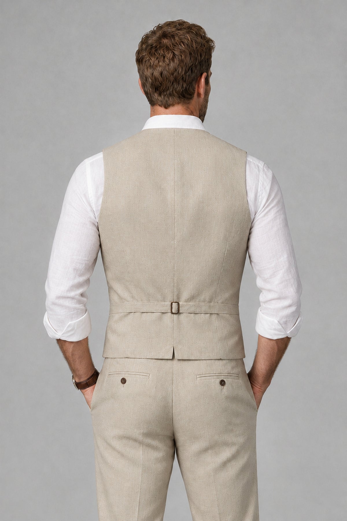 Men's Khaki Linen Blend Single-Breasted V-Neck Suit Vest | Savile QX0101 - Khaki