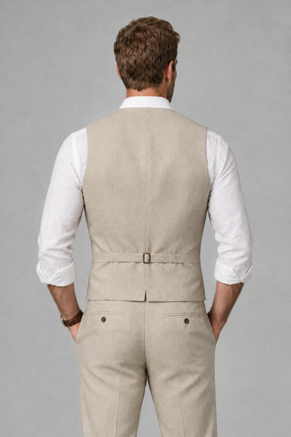 Men's Khaki Linen Blend Single-Breasted V-Neck Suit Vest | Savile QX0101 - Khaki