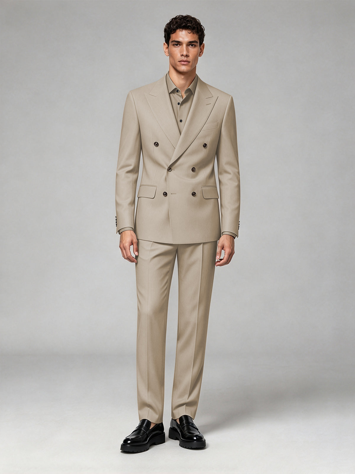 Savile Men's Khaki Double-Breasted 2-Piece Suit Set – Blazer & Trousers - Khaki