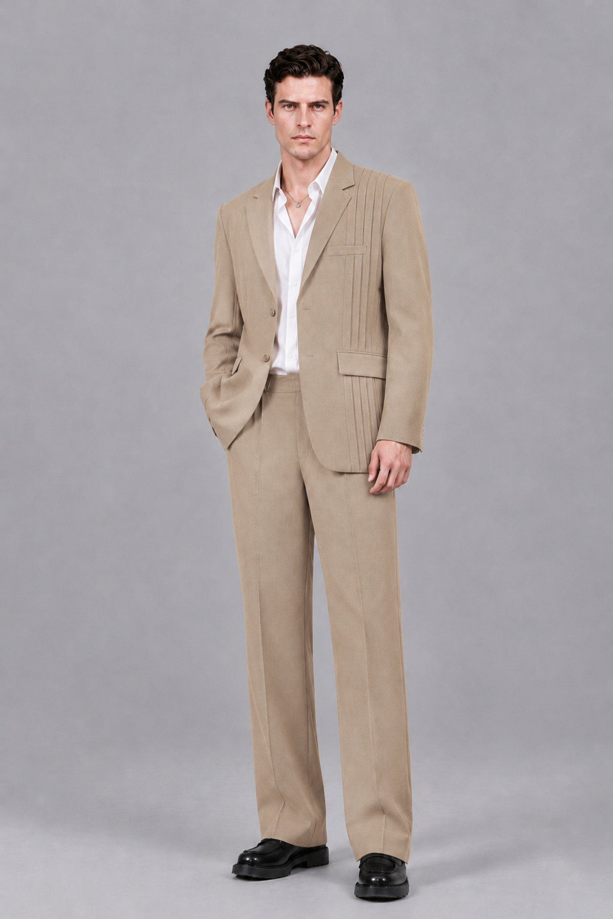 Savile Men's Khaki Pleated 2-Piece Suit Set | Notch Lapel Blazer & Tailored Trousers - Khaki - Khaki_2