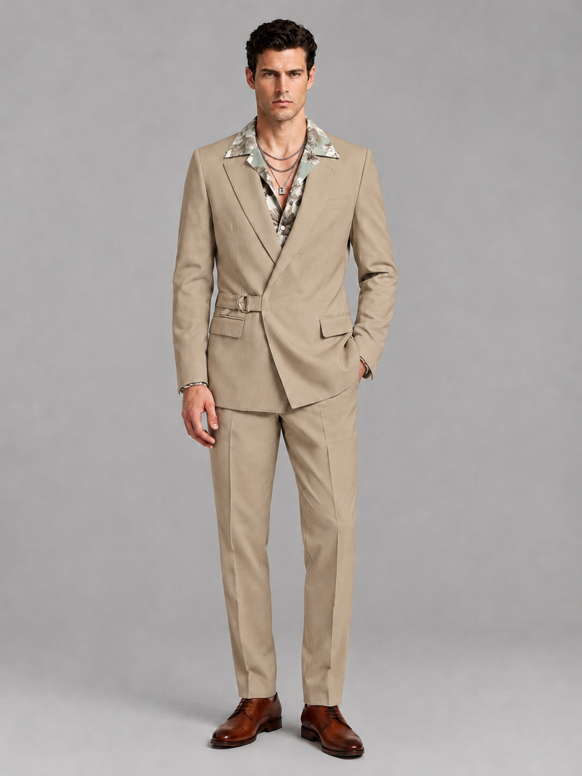 Savile Men's Khaki Belted Wrap 2-Piece Suit – Peak Lapel Blazer & Tailored Trousers - SUC060 - Khaki - Khaki_2