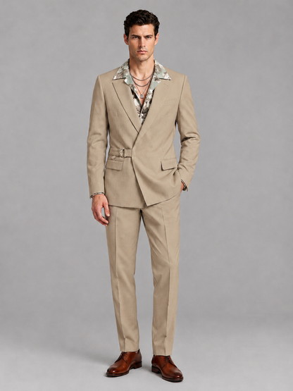 Savile Men's Khaki Belted Wrap 2-Piece Suit – Peak Lapel Blazer & Tailored Trousers - SUC060 - Khaki - Khaki_2