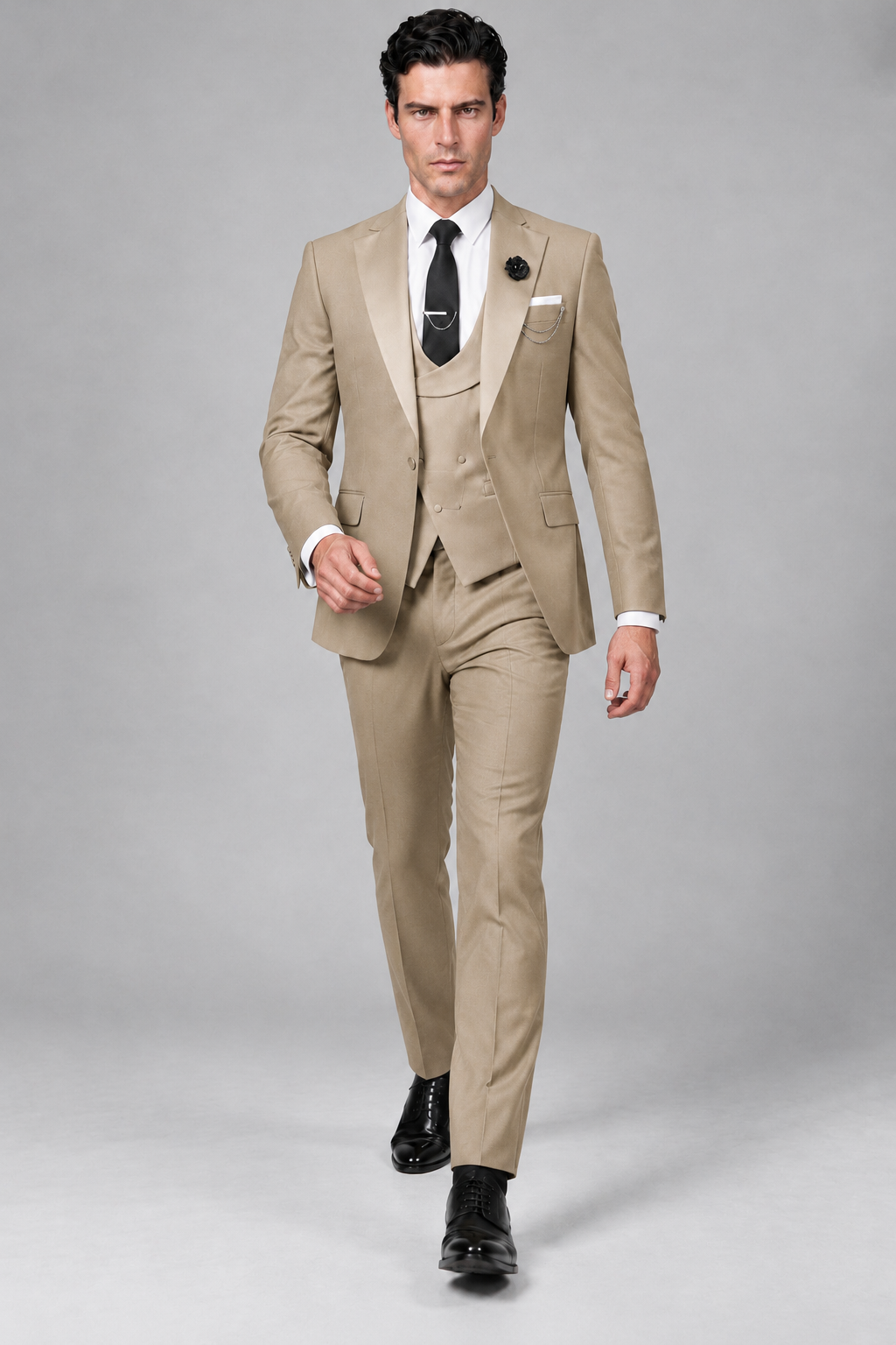 Savile Men's Khaki 3-Piece Tuxedo Suit – Contrast Silver Peak Lapel & Grey Vest Formal Set - Khaki - Khaki_2