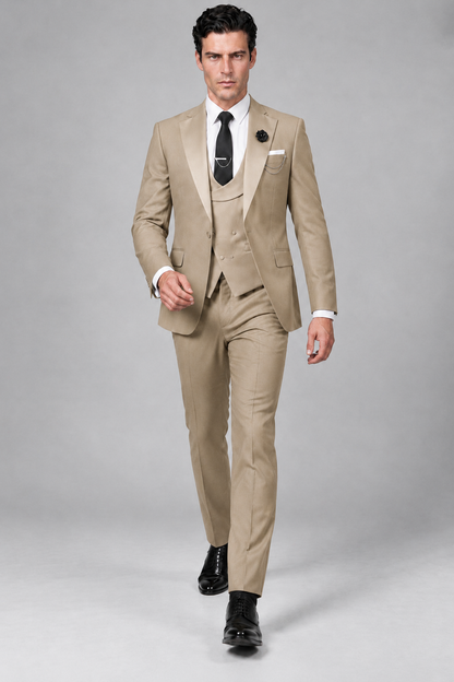 Savile Men's Khaki 3-Piece Tuxedo Suit – Contrast Silver Peak Lapel & Grey Vest Formal Set - Khaki - Khaki_2