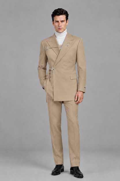 Savile Men's Khaki Double Buckle Wrap Belted 2-Piece Suit Set – Peak Lapel Slim-Fit Jacket & Trousers - Khaki - Khaki_2