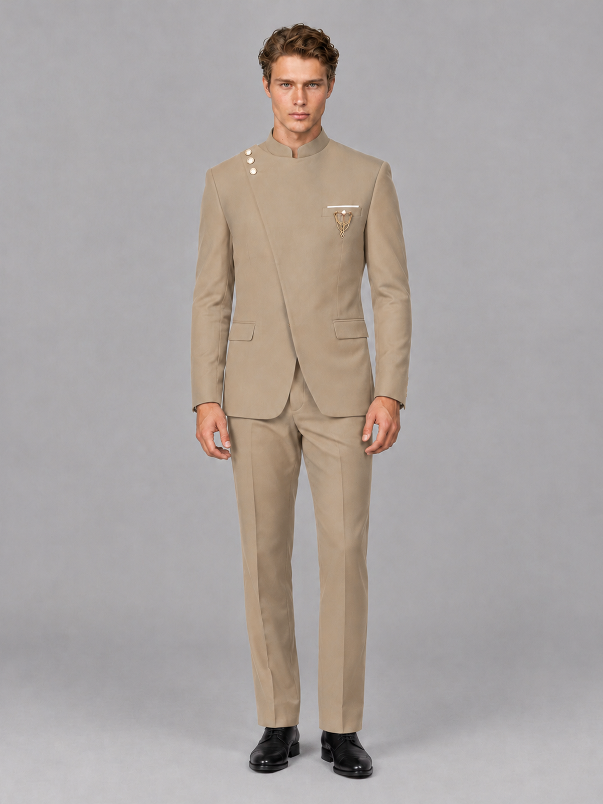 Savile Men's Khaki Mandarin Collar Asymmetrical 2-Piece Suit Set – Modern Jacket & Trousers - Khaki - Khaki_2