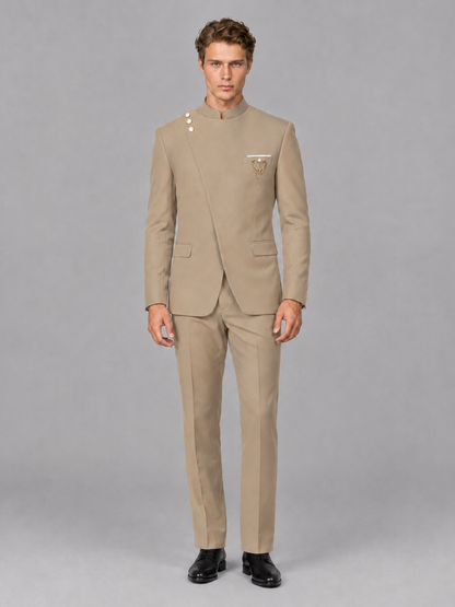 Savile Men's Khaki Mandarin Collar Asymmetrical 2-Piece Suit Set – Modern Jacket & Trousers - Khaki - Khaki_2