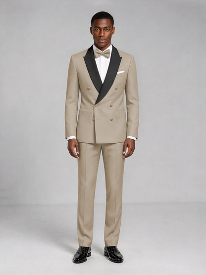 Men's Khaki Double-Breasted Tuxedo Suit – Satin Shawl Lapel Khaki-Tie Wedding & Gala 2-Piece Set - Khaki
