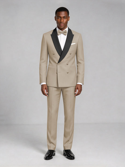 Men's Khaki Double-Breasted Tuxedo Suit – Satin Shawl Lapel Khaki-Tie Wedding & Gala 2-Piece Set - Khaki