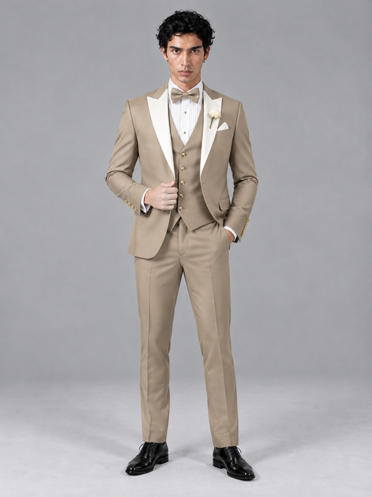 Savile Men's Khaki Contrast White Peak Lapel 3-Piece Tuxedo Suit - Khaki