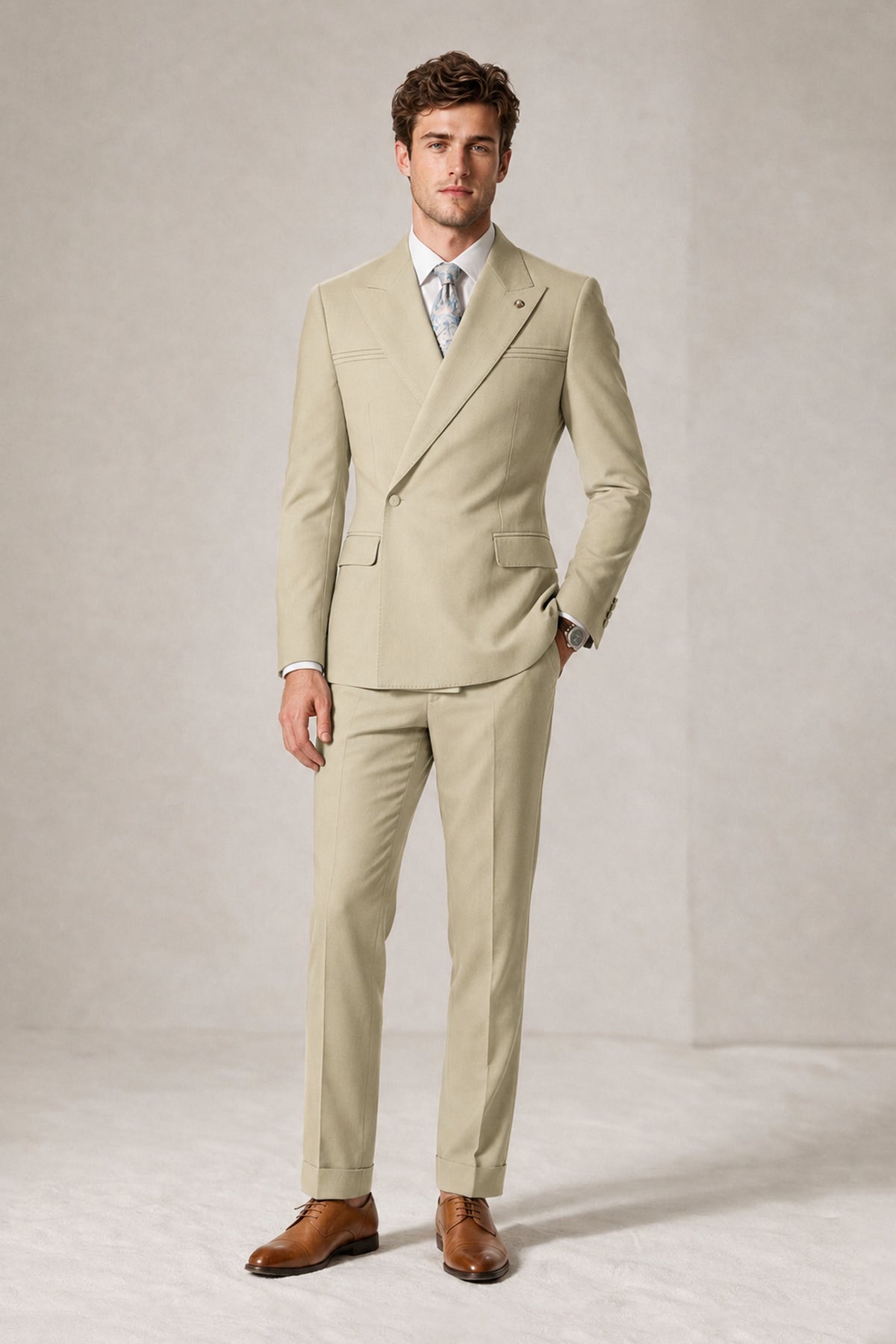 Savile Men's Khaki Double-Breasted Slim Fit 2-Piece Suit Set – Peak Lapel Blazer & Cuffed Trousers | Wedding Prom Formal - Khaki