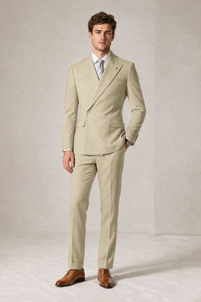 Savile Men's Khaki Double-Breasted Slim Fit 2-Piece Suit Set – Peak Lapel Blazer & Cuffed Trousers | Wedding Prom Formal - Khaki