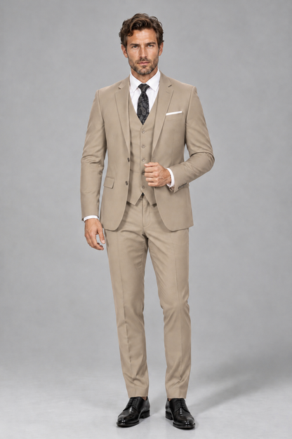 Savile Men's Khaki 3-Piece Suit Set – Notch Lapel Blazer, Vest & Trousers - Khaki - Khaki_2