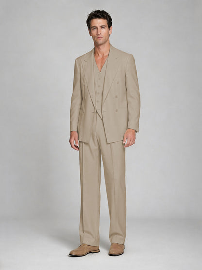 Men's Khaki Double-Breasted 2-Piece Suit – Peak Lapel Wedding & Beach Formal Set with Vest - Khaki