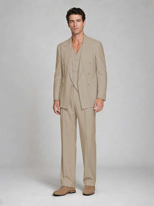 Men's Khaki Double-Breasted 2-Piece Suit – Peak Lapel Wedding & Beach Formal Set with Vest - Khaki