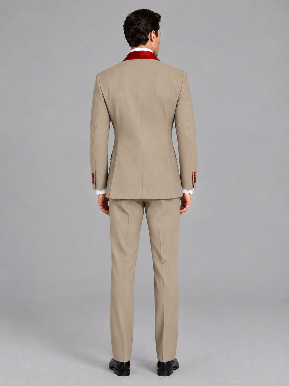 Savile Men's Khaki 3-Piece Tuxedo Suit Set – Contrast Red Shawl Lapel Blazer, Red Waistcoat & Trousers - SUC020 - Khaki