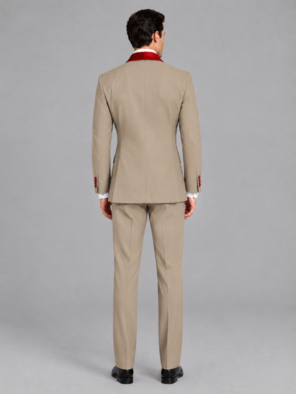 Savile Men's Khaki 3-Piece Tuxedo Suit Set – Contrast Red Shawl Lapel Blazer, Red Waistcoat & Trousers - SUC020 - Khaki