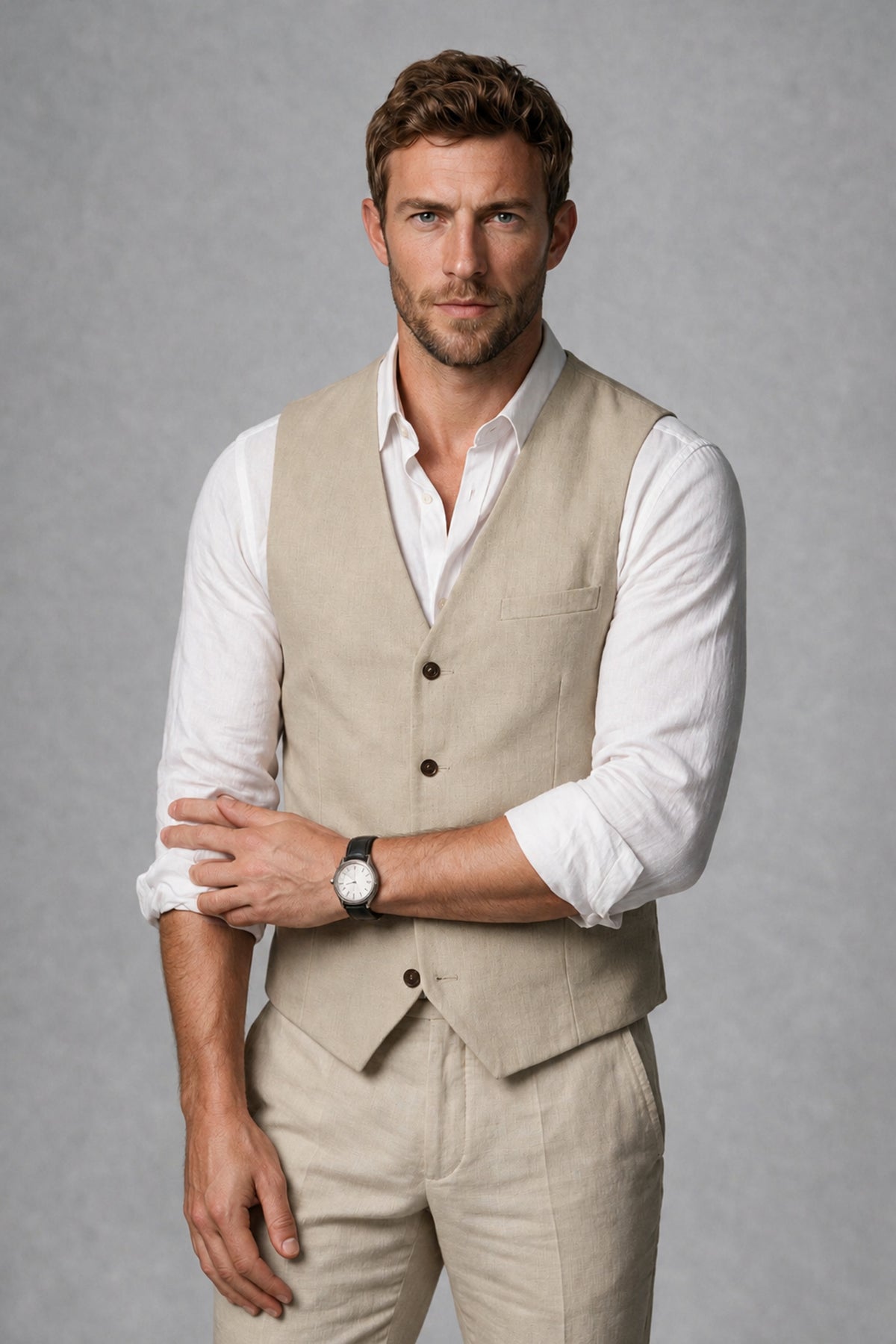 Men's Khaki Linen Blend Single-Breasted V-Neck Suit Vest | Savile QX0101 - Khaki