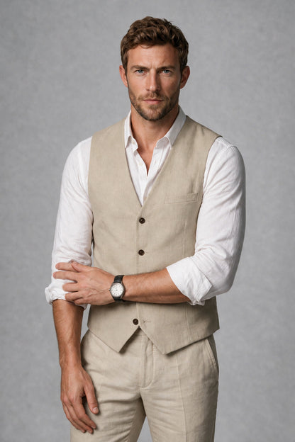 Men's Khaki Linen Blend Single-Breasted V-Neck Suit Vest | Savile QX0101 - Khaki