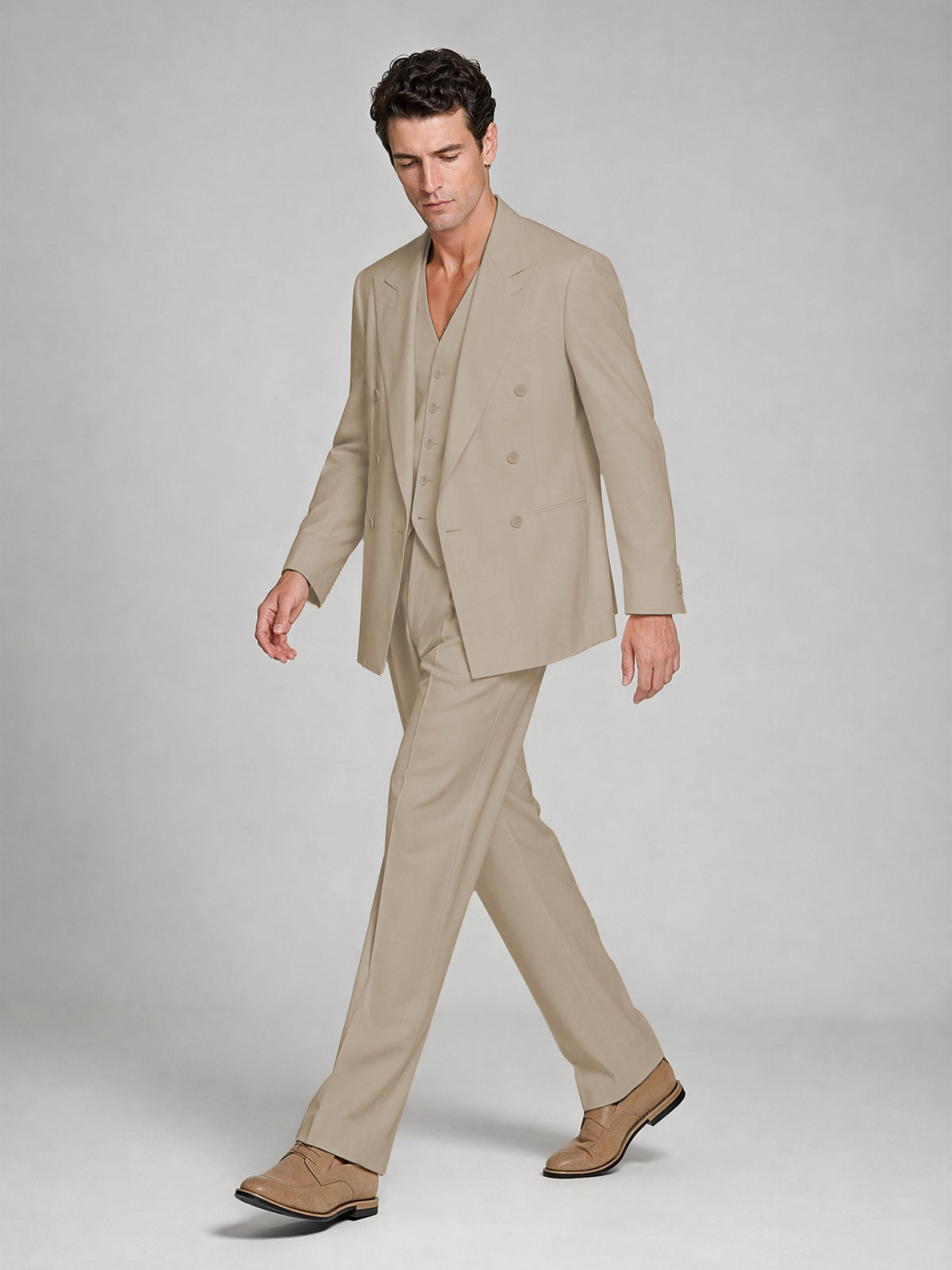 Men's Khaki Double-Breasted 2-Piece Suit – Peak Lapel Wedding & Beach Formal Set with Vest - Khaki