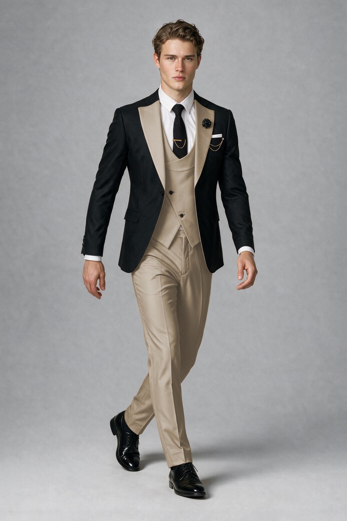 Savile Men's Black & Khaki Three-Piece Wedding Suit - Khaki