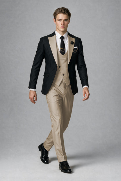 Savile Men's Black & Khaki Three-Piece Wedding Suit - Khaki