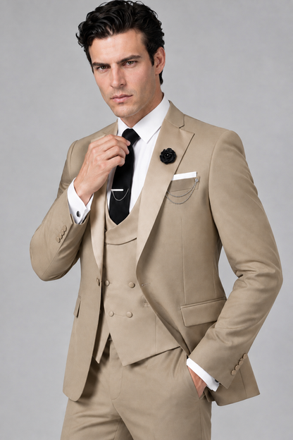 Savile Men's Khaki 3-Piece Tuxedo Suit – Contrast Silver Peak Lapel & Grey Vest Formal Set - Khaki - Khaki_3
