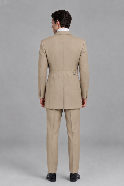 Savile Men's Khaki Double Buckle Wrap Belted 2-Piece Suit Set – Peak Lapel Slim-Fit Jacket & Trousers - Khaki - Khaki_3