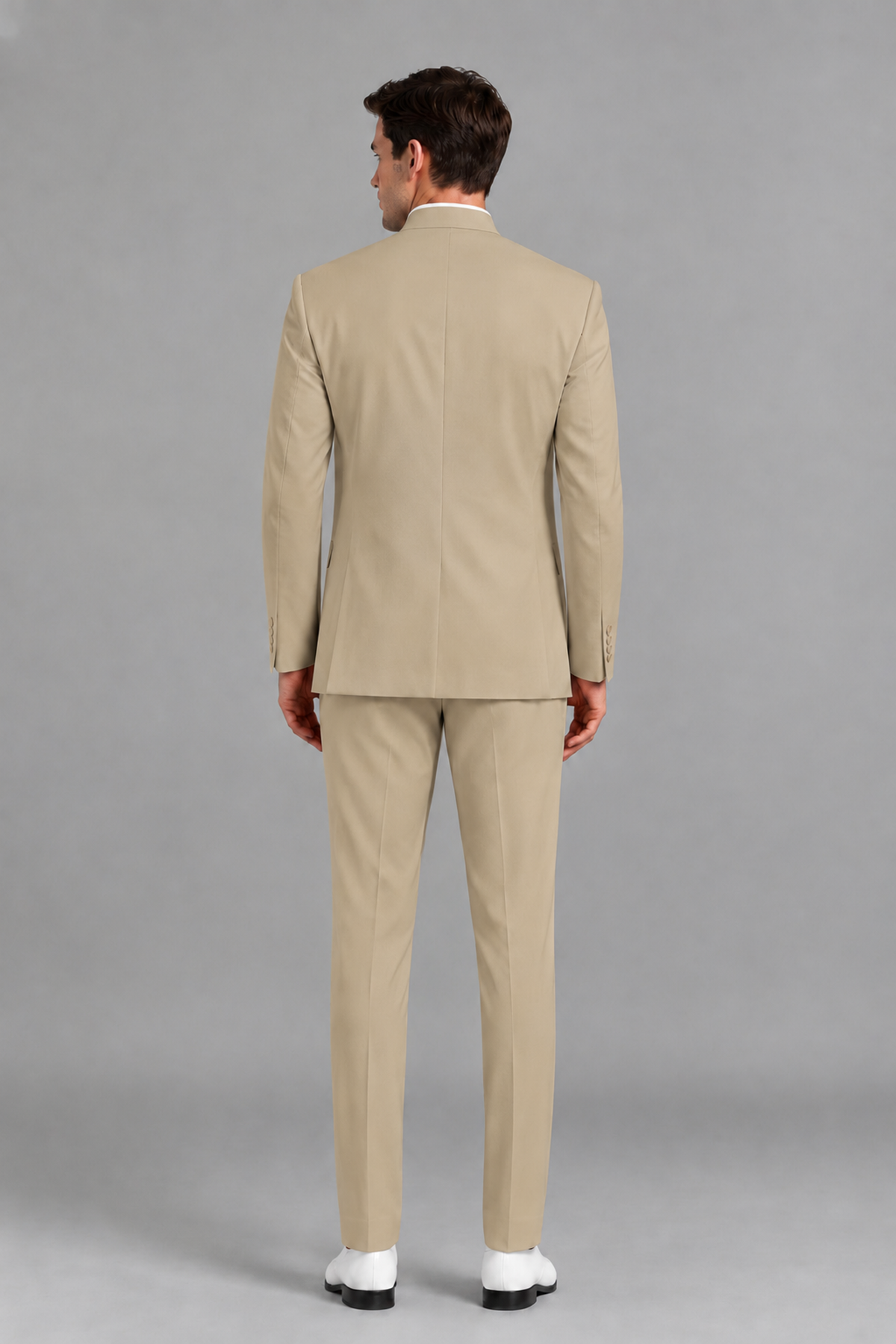 Savile Men's Khaki Asymmetrical Mandarin Collar Tuxedo Suit – Modern 2-Piece Gold Button Wedding, Prom & Gala Set - Khaki - Khaki_3