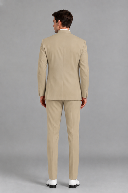 Savile Men's Khaki Asymmetrical Mandarin Collar Tuxedo Suit – Modern 2-Piece Gold Button Wedding, Prom & Gala Set - Khaki - Khaki_3