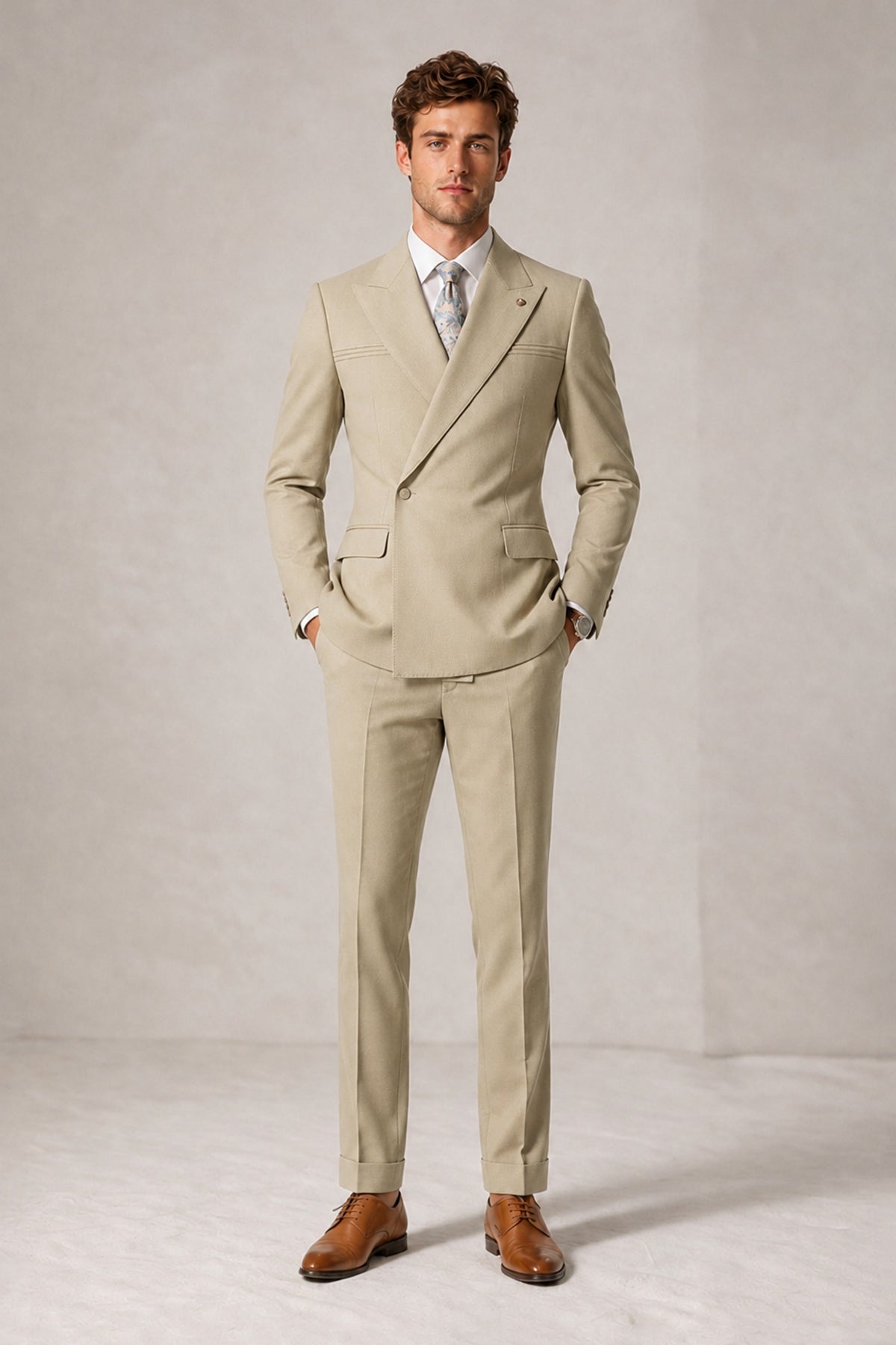 Savile Men's Khaki Double-Breasted Slim Fit 2-Piece Suit Set – Peak Lapel Blazer & Cuffed Trousers | Wedding Prom Formal - Khaki