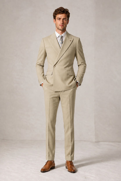 Savile Men's Khaki Double-Breasted Slim Fit 2-Piece Suit Set – Peak Lapel Blazer & Cuffed Trousers | Wedding Prom Formal - Khaki