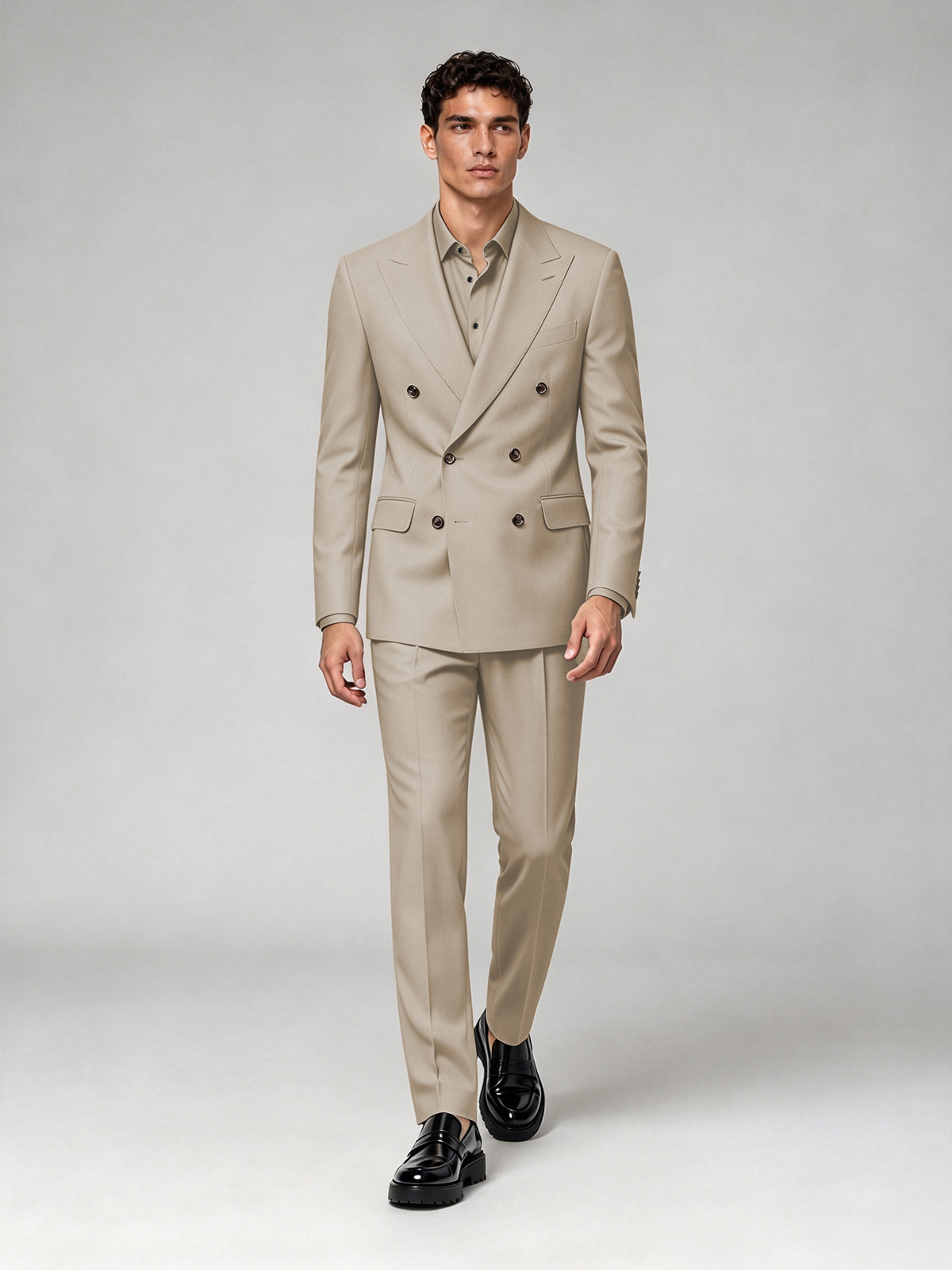 Savile Men's Khaki Double-Breasted 2-Piece Suit Set – Blazer & Trousers - Khaki