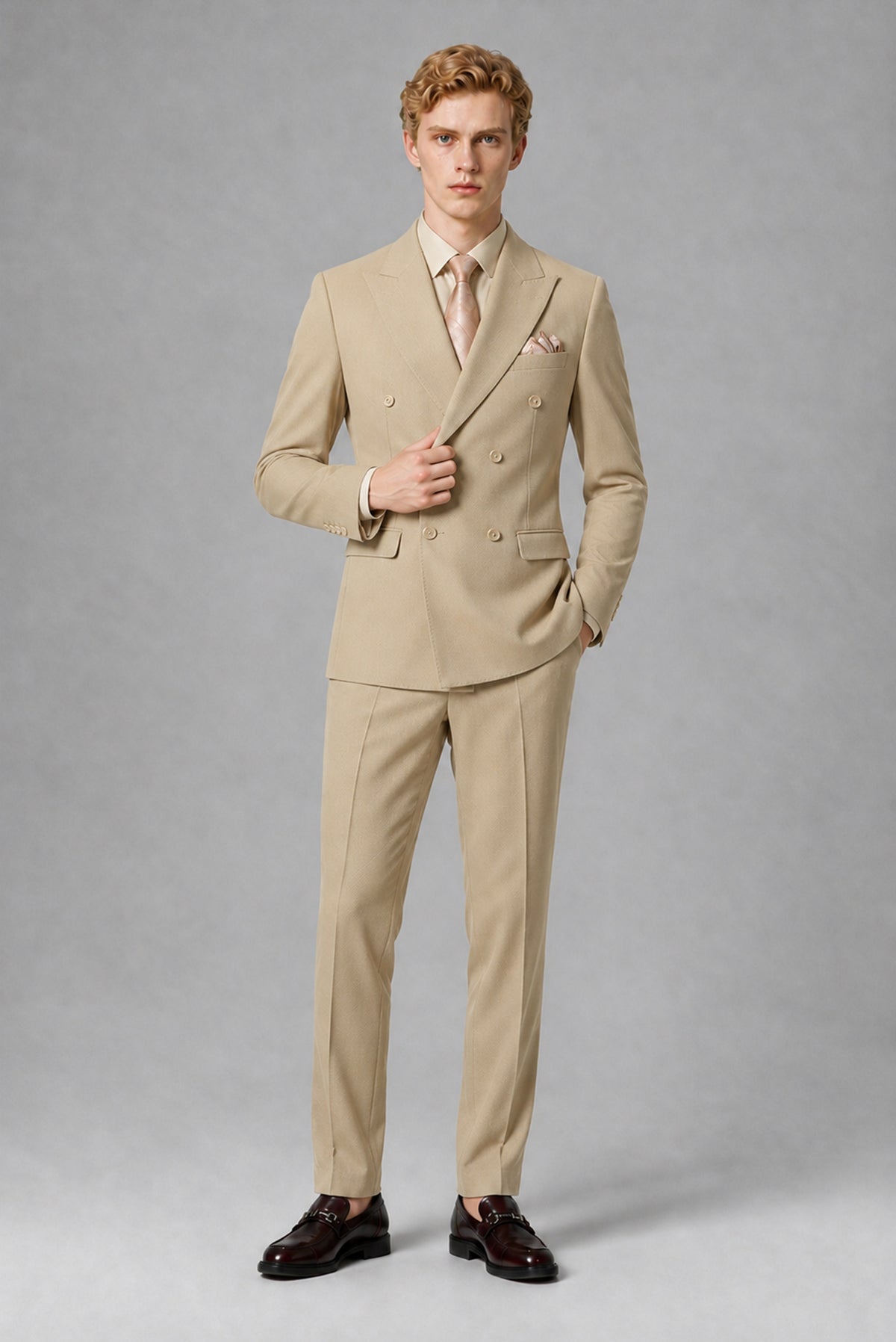 Savile Men's Khaki Double-Breasted Two-Piece Suit - Khaki