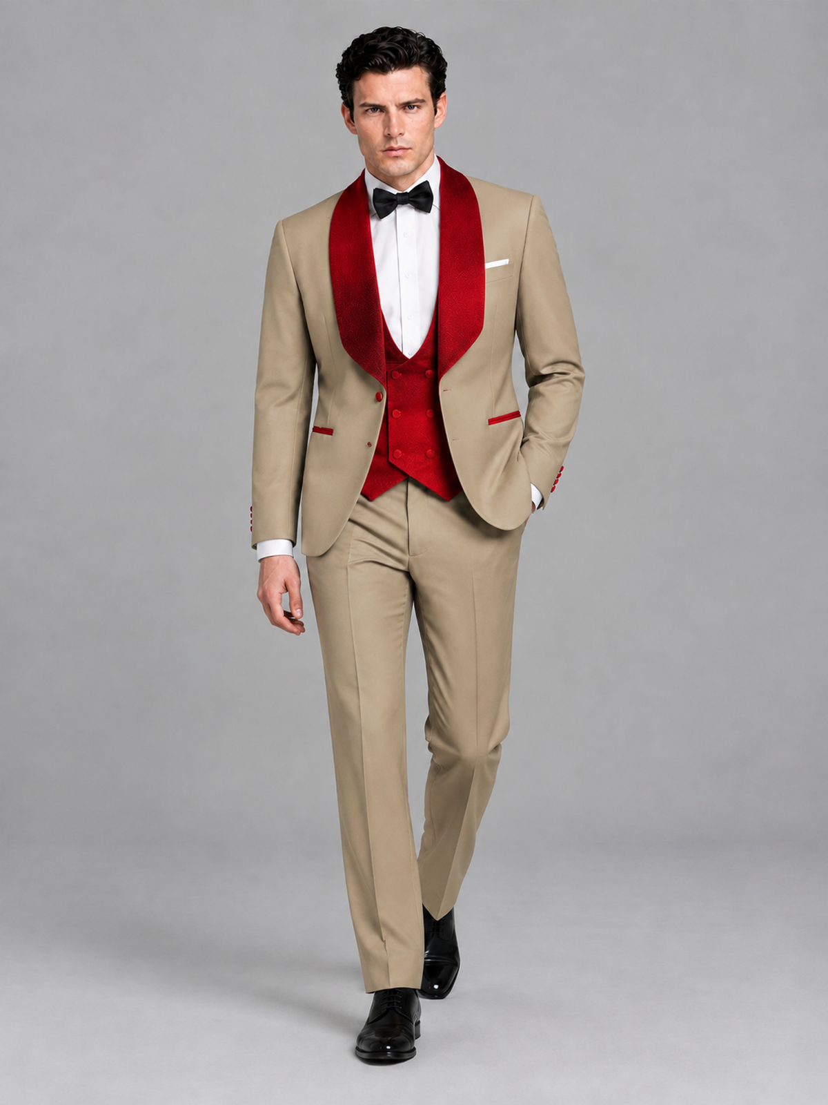 Savile Men's Khaki 3-Piece Tuxedo Suit Set – Contrast Red Shawl Lapel Blazer, Red Waistcoat & Trousers - SUC020 - Khaki