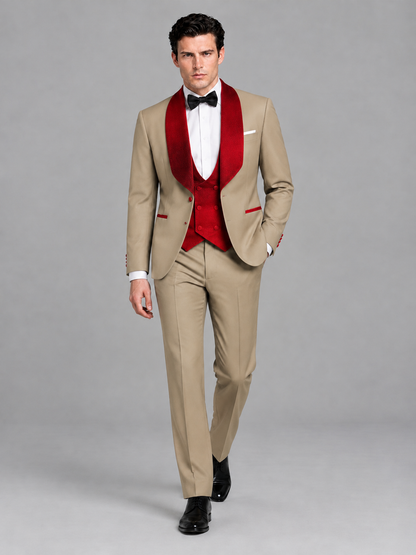 Savile Men's Khaki 3-Piece Tuxedo Suit Set – Contrast Red Shawl Lapel Blazer, Red Waistcoat & Trousers - SUC020 - Khaki