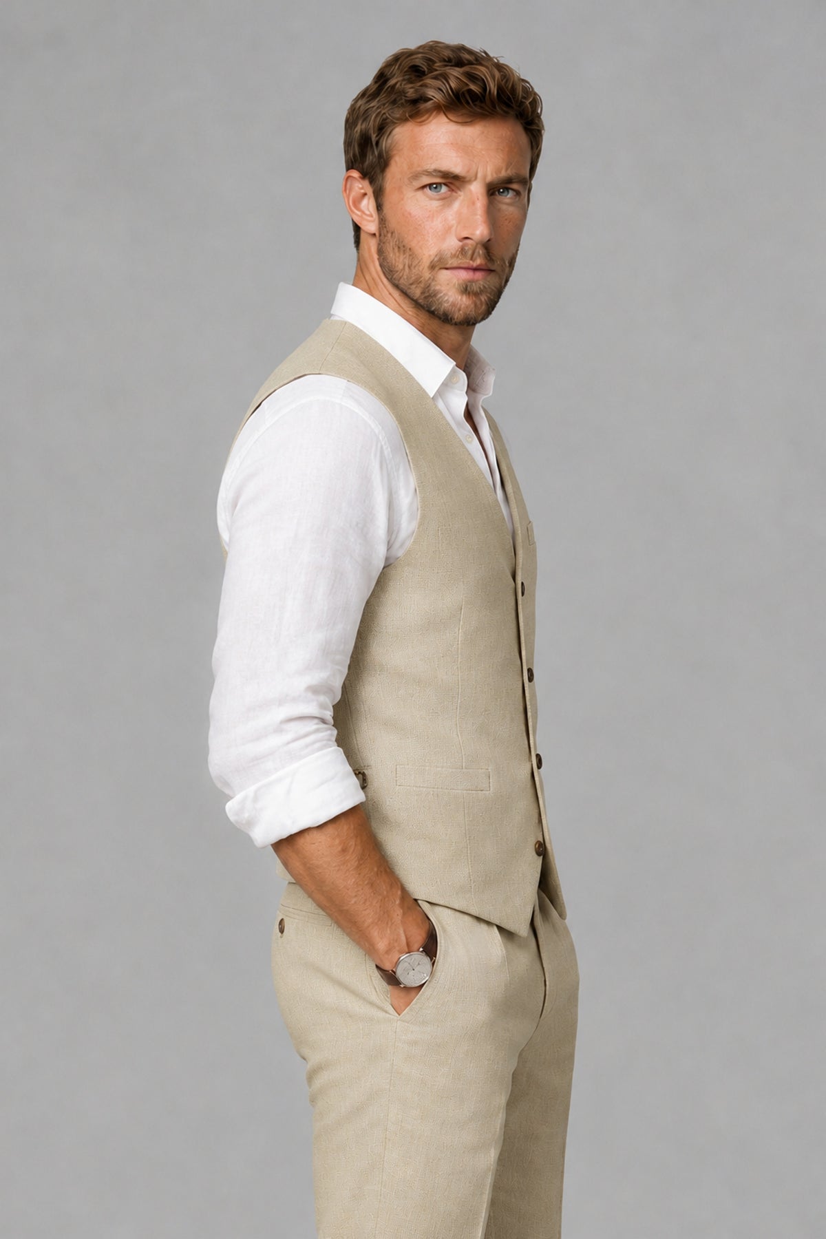 Men's Khaki Linen Blend Single-Breasted V-Neck Suit Vest | Savile QX0101 - Khaki