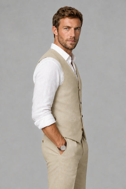 Men's Khaki Linen Blend Single-Breasted V-Neck Suit Vest | Savile QX0101 - Khaki