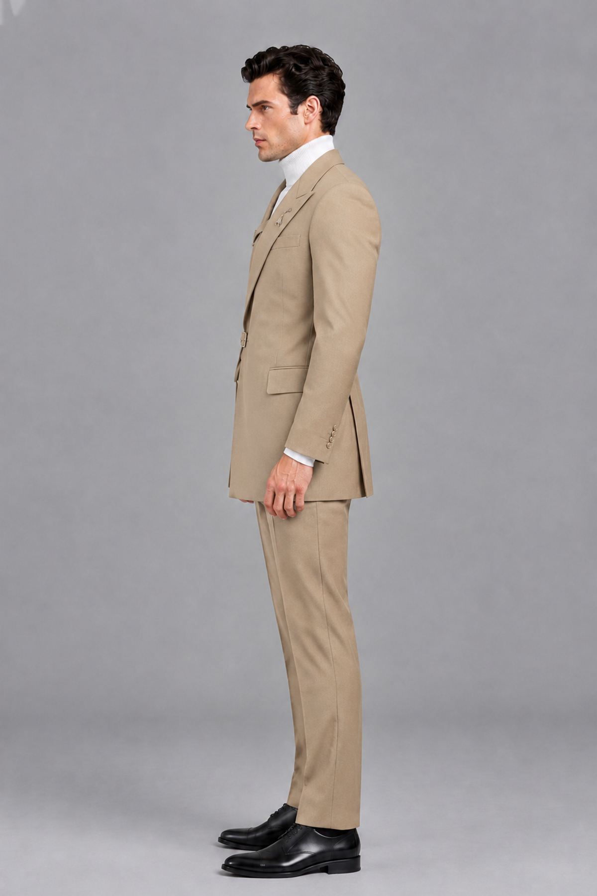 Savile Men's Khaki Double Buckle Wrap Belted 2-Piece Suit Set – Peak Lapel Slim-Fit Jacket & Trousers - Khaki - Khaki_4