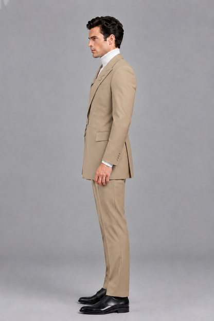 Savile Men's Khaki Double Buckle Wrap Belted 2-Piece Suit Set – Peak Lapel Slim-Fit Jacket & Trousers - Khaki - Khaki_4